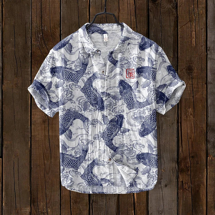 Osamu - vintage vis japanse kunst linnen mix shirt