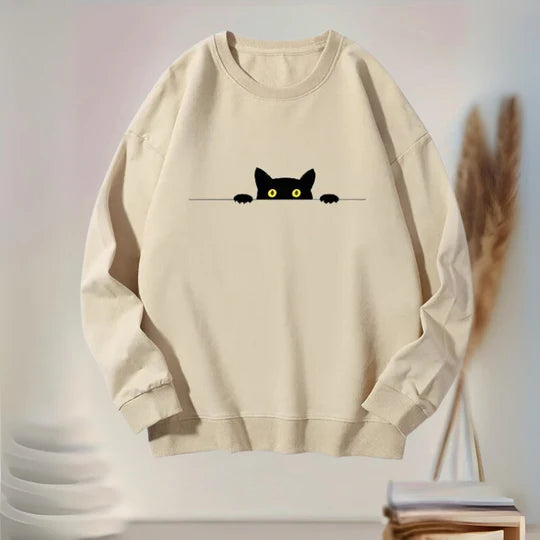 Katie - comfortabel dames sweatshirt met zwarte kattenprint