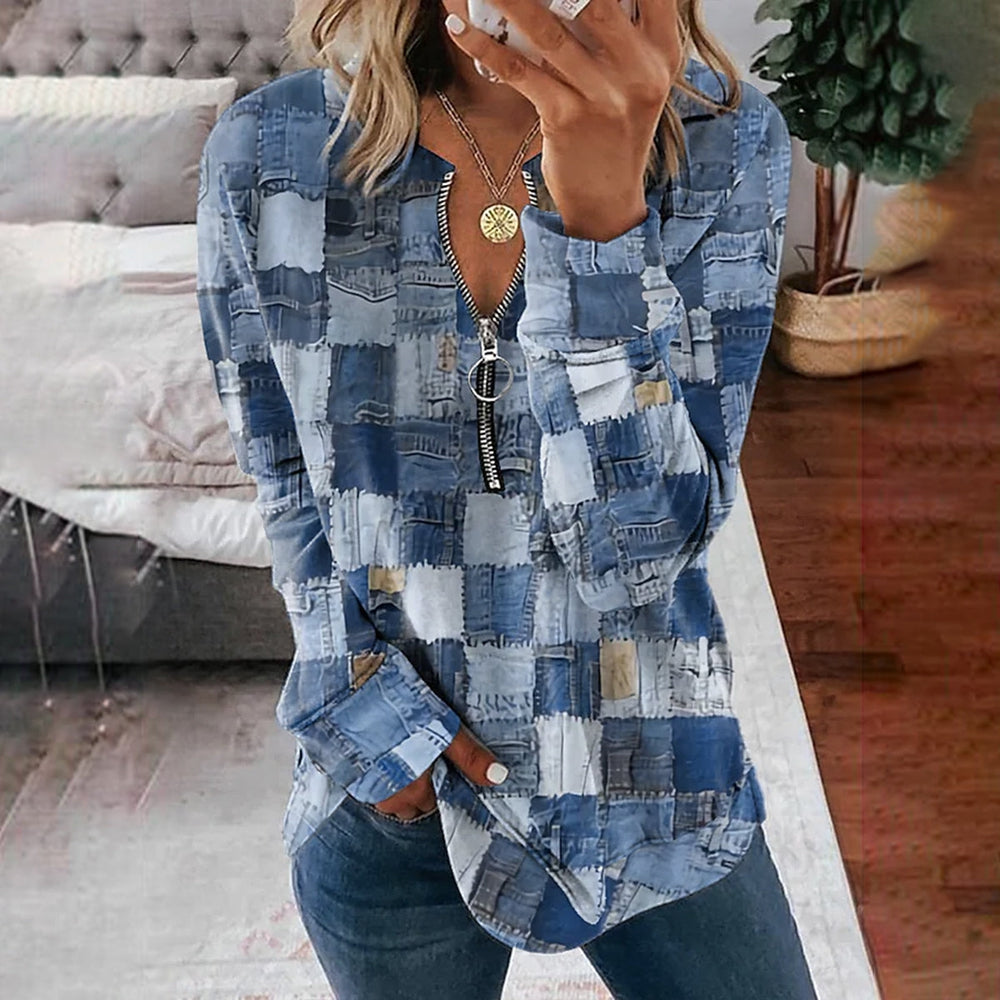 Herfststijl - chique top met blauwe print