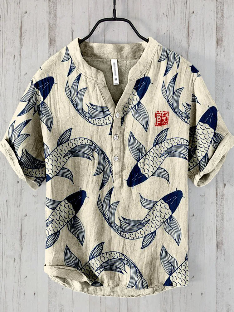 Osamu - vintage vis japanse kunst linnen mix shirt