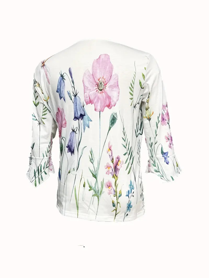 Fiorella – top met bloemenprint, knopen en uitlopende mouwen