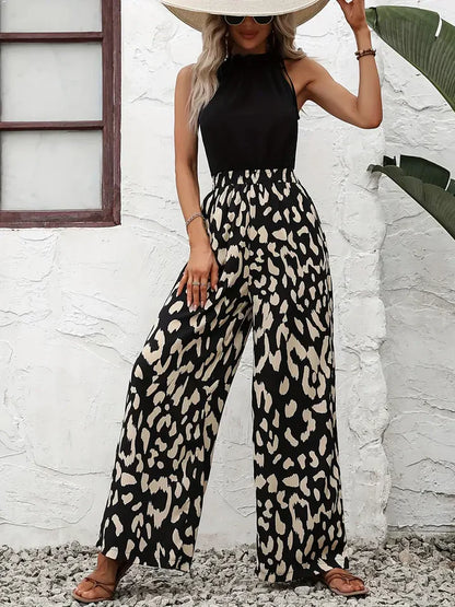 Ledi - jumpsuit met wijde pijpen en luipaardprint