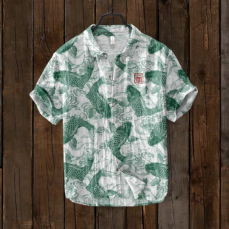 Osamu - vintage vis japanse kunst linnen mix shirt