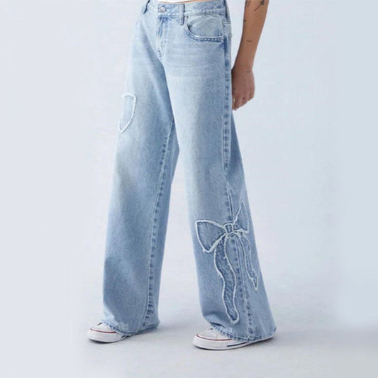 Wiga - denim broek met strikborduursel