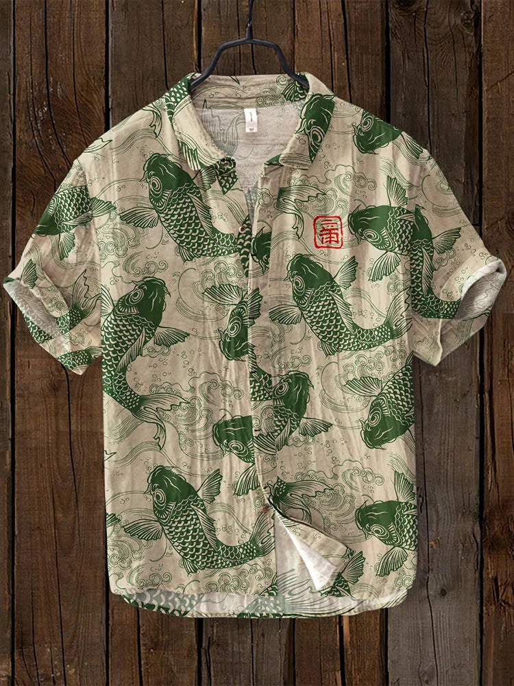 Osamu - vintage vis japanse kunst linnen mix shirt