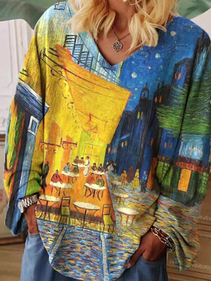 Van gogh art t-shirt met v-hals, losse snit