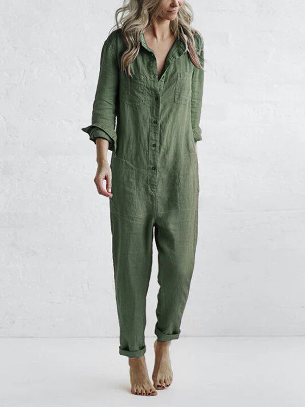 Casual jumpsuit met lange mouwen en revers met knopen