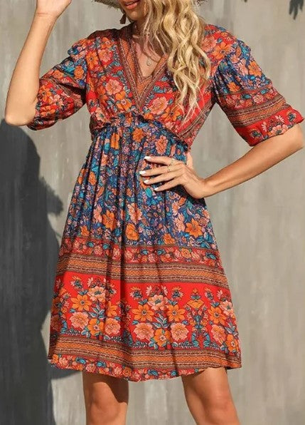 Amelia – boho-jurk met korte mouwen en print voor dames