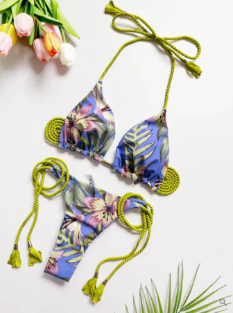 Addison - blauw bedrukte lichtgewicht braziliaanse bikini van touw