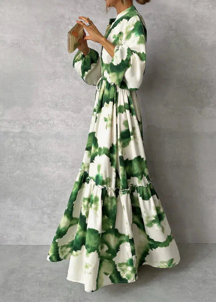 Charlotte - groene maxi-jurk met lange mouwen en v-hals