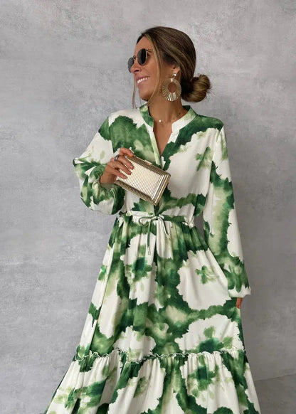 Charlotte - groene maxi-jurk met lange mouwen en v-hals