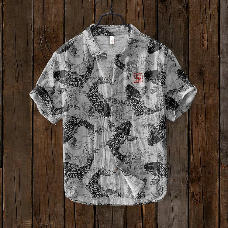 Osamu - vintage vis japanse kunst linnen mix shirt