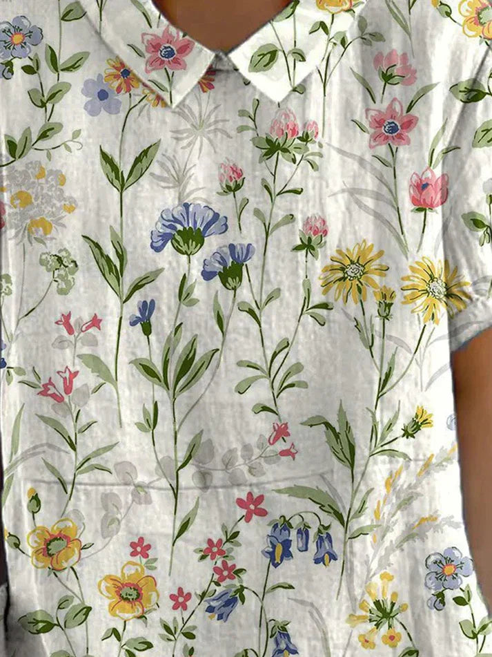 Camila - casual overhemd voor dames van katoen en linnen met retro bloemenprint