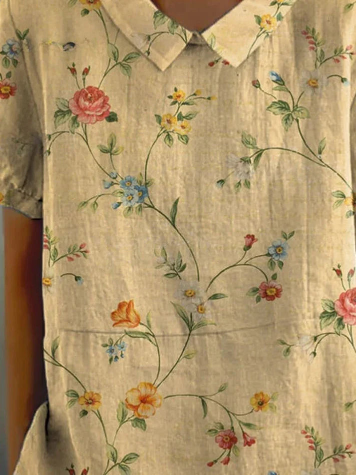 Karla - casual overhemd voor dames van katoen en linnen met retro bloemenprint