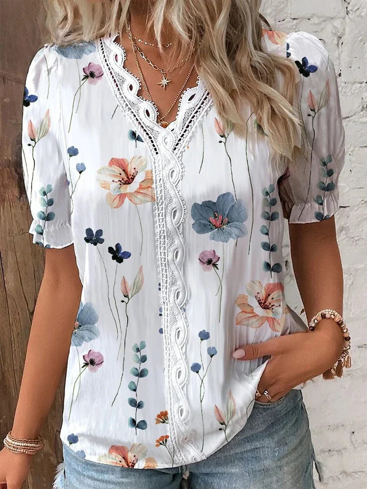 Casual blouse met kanten patchwork